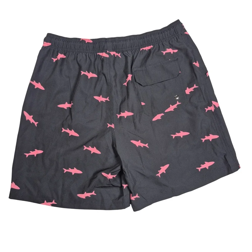 Mens Shark Print Swim Trunks XL Black‎ Pink Beach Board Shorts Compession Lining